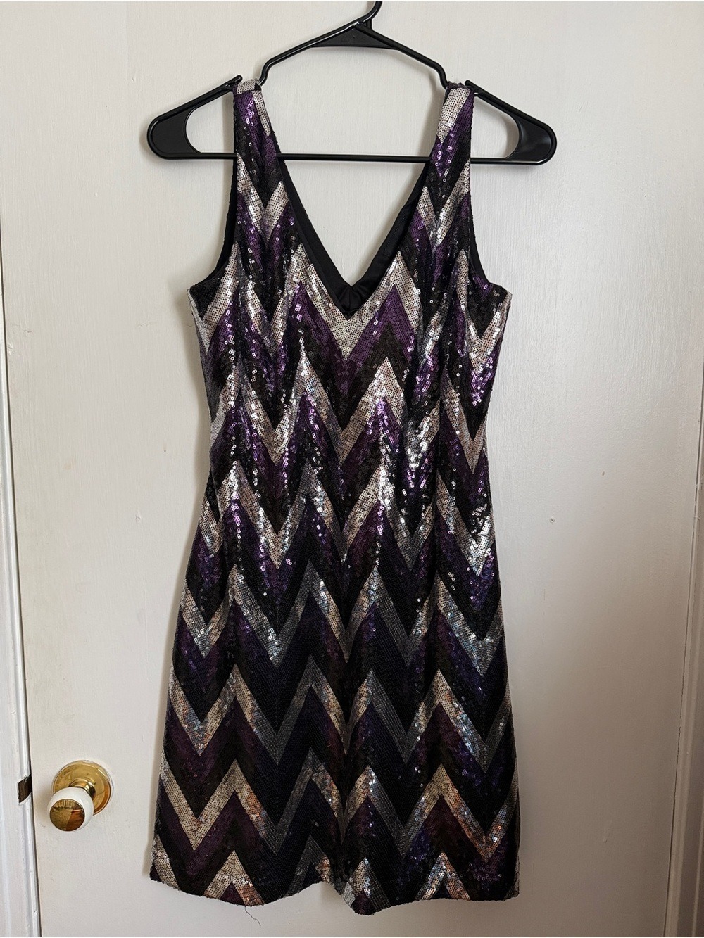 Snap Black & Purple Sequin Chevron V-Neck Mini Dress - Picture 2 of 5